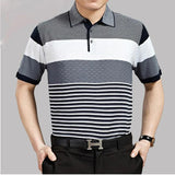 Riolio  Summer Middle-aged Elderly Men's Trend Lapel Button Printed Geometric Striped Pullover Casual Loose Short Sleeved T-shirts Tops