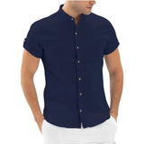 Riolio  Spring Summer Designer Casual Shirts For Men Cotton Linen Solid Color Shorts Sleeve Shirts White Loose Stand Collar Shirts Tops