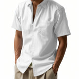Riolio Summer New Solid Color Linen Men's Shirt Turn-down Collar Short Sleeve Men's Loose Casual Pocket Outdoor Vacation Shirt