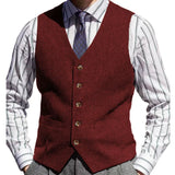 Riolio  Men Vest Brown Herringbone Solid Color V Neck Waistcoat For Wedding Business Banquet Work Formal Daily Casual Men Suit Vest