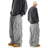 Riolio  Men Big Pocket Cargo Pants Elastic Drawstring Waist Loose Wide Leg Streetwear Casual Work Trousers