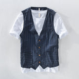 Riolio Men Vintage Vest Slim Linen Cotton Blazer Vest Male Casual Thin Striped Suit Waistcoat Clothing Asian Size M-3XL