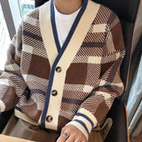 Riolio Autumn Men's Luxury Knitted Plaid Printed Buttons Cardigan Sweater Long Sleeve Streetwear Leisure Coat Fashion Check Knitwear