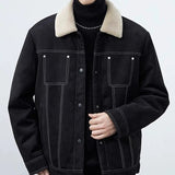 Riolio  Korean Style Fleece-lined Men Padded Jacket Light Luxury Harajuku Long Sleeve Coat Winter Chic Warmth Turn-down Collar Outerwear