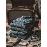 Riolio Retro Vertical Striped Denim Shirt Heavy American Casual Vintage Workwear Clothes Washing Old Pockets Long-sleeve Shirt
