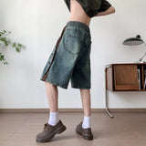 Riolio Mens Loose Fit Summer Denim Shorts Elastic Waist Washed Blue Side Personality Design Casual Comfortable Fashion Trendy Outdoor