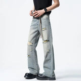 Riolio Men Straight Leg Vintage Blue Washed Denim Jeans Casual Ripped Distressed Trousers Classic Retro Style Comfortable Streetwear