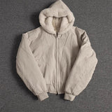 Riolio Autumn Winter Short Thickened Warm Oversized Canvas Washed Padded Jacket with Faux Fur Inside Loose Casual Hoodie