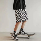 Riolio  Checkerboard Casual Men Summer Thin American Retro Sports Straight Five-point Pants