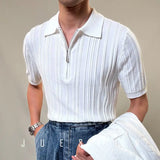 Riolio Zipper Knitted Short-sleeved Polo Shirt Men Summer American Retro Commuting Loose Vertical Striped Pit Strip Lapel T-shirt Men