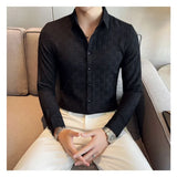 Riolio  Stretch Plaid Design Versatile Jacquard Shirt Men's Slim-fit Korean Style Casual Long-sleeved Versatile Shirt