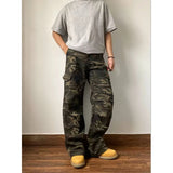 Riolio Men's Fashion Cargo Pants Jeans Washed Camouflage Multi-pockets Straight Wide Leg Denim Vintage Y2K 92s Pants New Stylish
