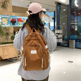 Riolio  Portable Bookbag Students Backpack Striped Velvet Large Capacity School Bags Solid Color Travel Bag