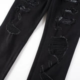 Riolio Men Snake Embroidery Jeans Skinny Tapered Stretch Denim Pants Streetwear Holes Ripped Leather Patch Patchwork Trousers Black