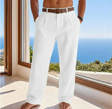 Riolio  Solid Color Pleated Linen Suit Pants For Men Elastic High Waist Straight Wide Leg Trousers Summer Office Casual Beach trousers