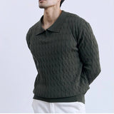 Riolio  New American Fashion Jacquarded Men Polo Sweater Light Luxury V Neck Knit Solid Color Long-sleeved Tops Premium Quality Knitwear