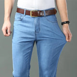 Riolio New Ice Silk Thin Denim Jeans For Men Blue Straight Stretch Cotton Pants Business Casual Lightweight Trousers Spring Summer