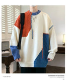 Riolio Trendy Knit Sweater For Men Casual Color Blocking Round Neck Idle Style Loose Fit Autumn Winter Fashion Couple Line Clothing Jac