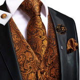 Riolio High Quality Silk Mens Vests Champagne Paisley Waistcoat Neck Tie Hanky Cufflinks Brooch Set for Men Suit Wedding Office