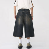 Riolio Korean Style Vintage Men's Jeans Summer Loose Male Wide Leg Knee Length Shorts New Washed Fashion Denim Trouser
