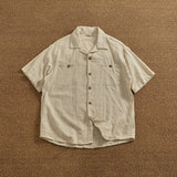 Riolio Retro high street lapel short-sleeved shirt men's cotton and linen blend dark pattern jacquard loose trendy summer shirt