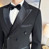 Riolio  Men's Wedding Suit Tuxedo Double Breasted Three Piece Set Fashionable Korean Style Shawl Collar Cotton Blend Fabric