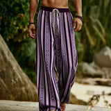 Riolio  Vacation Men Striped Beach Pants Bohemian Geometric Pattern Drawstring Loose Wide Leg Trousers Summer Casual Resort Wear