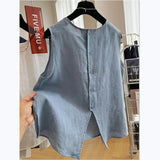 Riolio Cotton and Linen Round Neck Summer Thin Loose Literary Versatile Shirt Sleeveless Top Small Vest