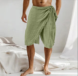 Riolio  Men's Bohemian Cotton Linen Shorts Side Tie Wrap Design Casual Summer Beachwear with Frayed Hem