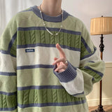 Riolio Japanese Style Vintage Color Blocking Cable Knit Striped Round Neck Sweater For Men And Women Winter Warm Preppy Thickened Knit