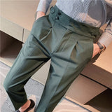 Riolio British Style Men High Waist Casual Dress Pant Men Belt Design Slim Trousers Formal Office Social Wedding Party Dress Suit Pants