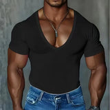 Riolio  Summer Men's T-shirts Deep V Neck Solid Color Gym Muscle Fitness Undershirt Tee Tops Short Sleeve T Shirt For Men Clothing