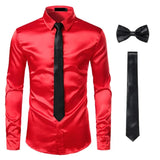 Riolio Black Mens Silk Dress Shirts 3Pcs(Shirt +Tie+Bowtie) Smooth Satin Shirt Men Slim Fit Party Prom Casual Shirts Men Social Camisa