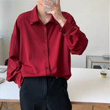 Riolio Long sleeve shirt men Double Collar Ice Silk Shirt Men Vintage Wine Red Shirts Men Korean Comfortable Blouse Casual Loose Shirt