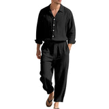 Riolio  American Four Seasons Linen Men's Casual Loose Beach Sunscreen Long Sleeve Shirt Pants Set