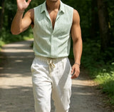 Riolio  Summer New Striped Sleeveless Shirt Men's Slim Breathable Collared Tank Top Lightweight Seersucker Textured Casual Open Vest