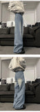 Riolio Jeans Men Loose Wide Leg Trousers Unisex low-rise jean Men's Denim Pants Old Blue Washed Male Jeans Straight Patchwork mop pants
