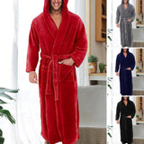 Riolio Long Sleeve Pocket Belt Solid Color Men Bathrobe Winter Warm Hooded Long Fleece Home Gown Sleepwear