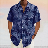 Riolio Summer Men's Shirt Blue Coconut Tree Short Sleeve T-Shirt Casual Lapel Printed Shirt for Men Fashion Button Beach Blouse Clothes