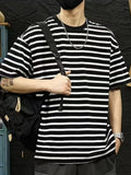 Riolio  New Striped Summer Loose American Trendy T Shirt Round Neck Casual Short Sleeve Top for Men