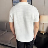 Riolio Men's Polo Shirt Summer New Thin Knitted Hollow Striped Jacquard Solid Short Sleeved V-neck T-shirt Casual Men's Clothing