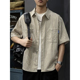 Riolio  Mens Beige White Plaid Short Sleeve Shirt Button Down Loose Fit Chest Pocket Casual Work Shirt