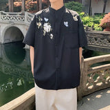 Riolio  Chinese Style Short Sleeved Shirt Summer Thin Version Trendy Brand with Butterfly Embroidery Loose Ice Silk Casual Wear