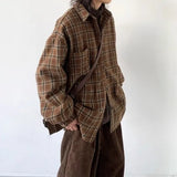 Riolio Spring and Autumn Vintage Striped Pocket Cargo Shirt for Men and Women College Style Simple Casual Long-sleeved Shirt