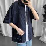 Riolio Elegant Fashion Shirts Loose Solid Patchwork Casual Turn-down Collar Short Sleeve Pockets Spring Summer Thin Men's Clothing