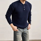 Riolio  Men Vintage Cable Twist Textured Knit Long Sleeve Polo Shirts Lapel Collar 3 Buttons Soft Skin Friendly Cotton Business Tops