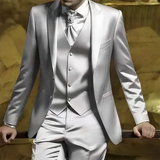 Riolio  Silver Grey Men's clothing Satin Simple Men's Suits Balzer Luxury Male Clothing Skinny Wedding Outfits 3 Piece Jacket Pants Vest