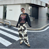 Riolio Women's Cow Patterned Printed Casual Pants High Waisted Straight Vintage 90s Streetwear Female Casual Loose Tie Dye Trouser