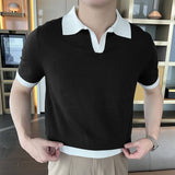 Riolio Fashion Casual Style Tops New Men's Vintage Gentlemen's Shirts Handsome Male Contrast Knitted Short Sleeve Blouse S-5XL