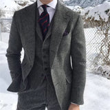 Riolio  New Wool Tweed Winter Men Suit's For Wedding Formal Groom Tuxedo Herringbone Male Fashion 3 Piece Suit (Jacket + Vest + Pants)